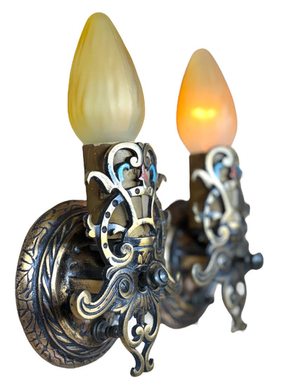 Small Cast Bronze Wall Sconces with Original Finish #2635
