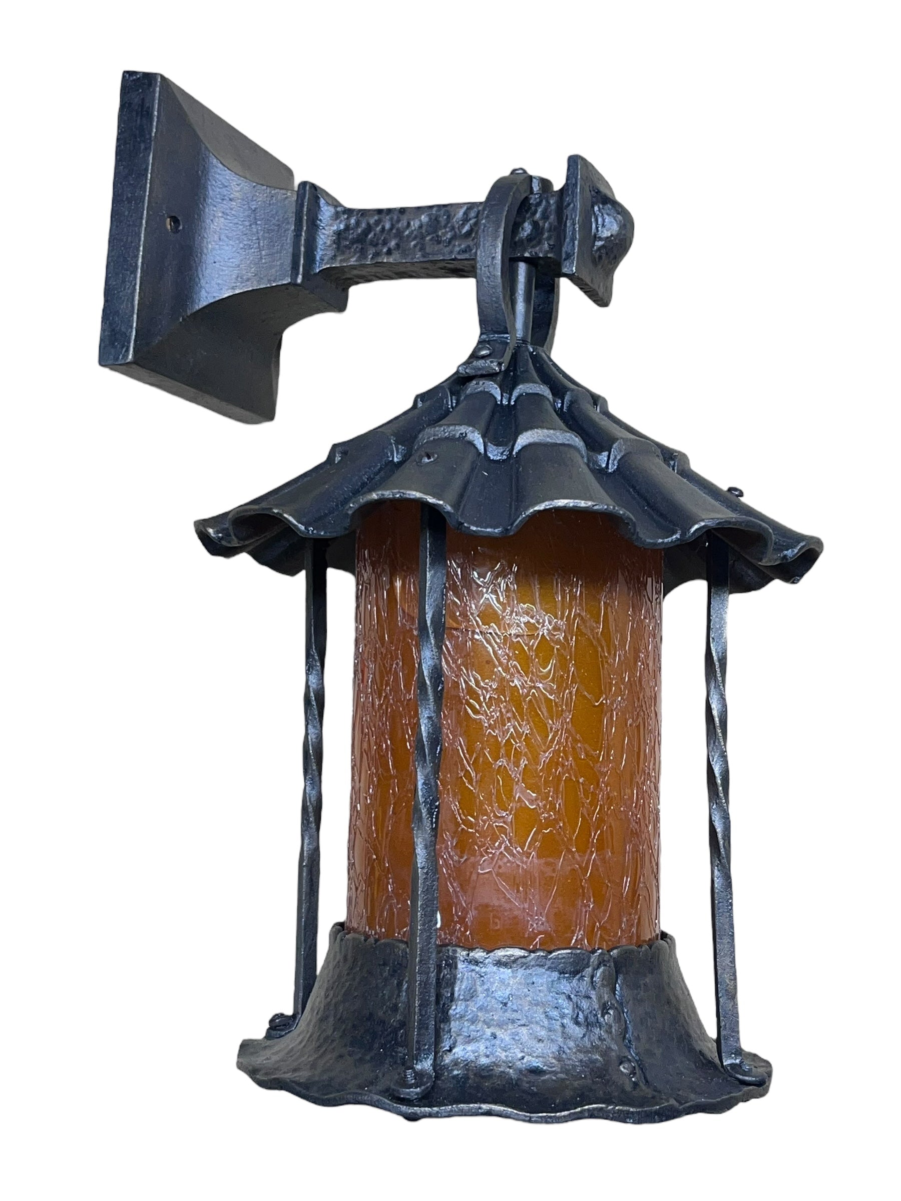 Spanish revival Porch Light with Amber Crackle Glass Shade