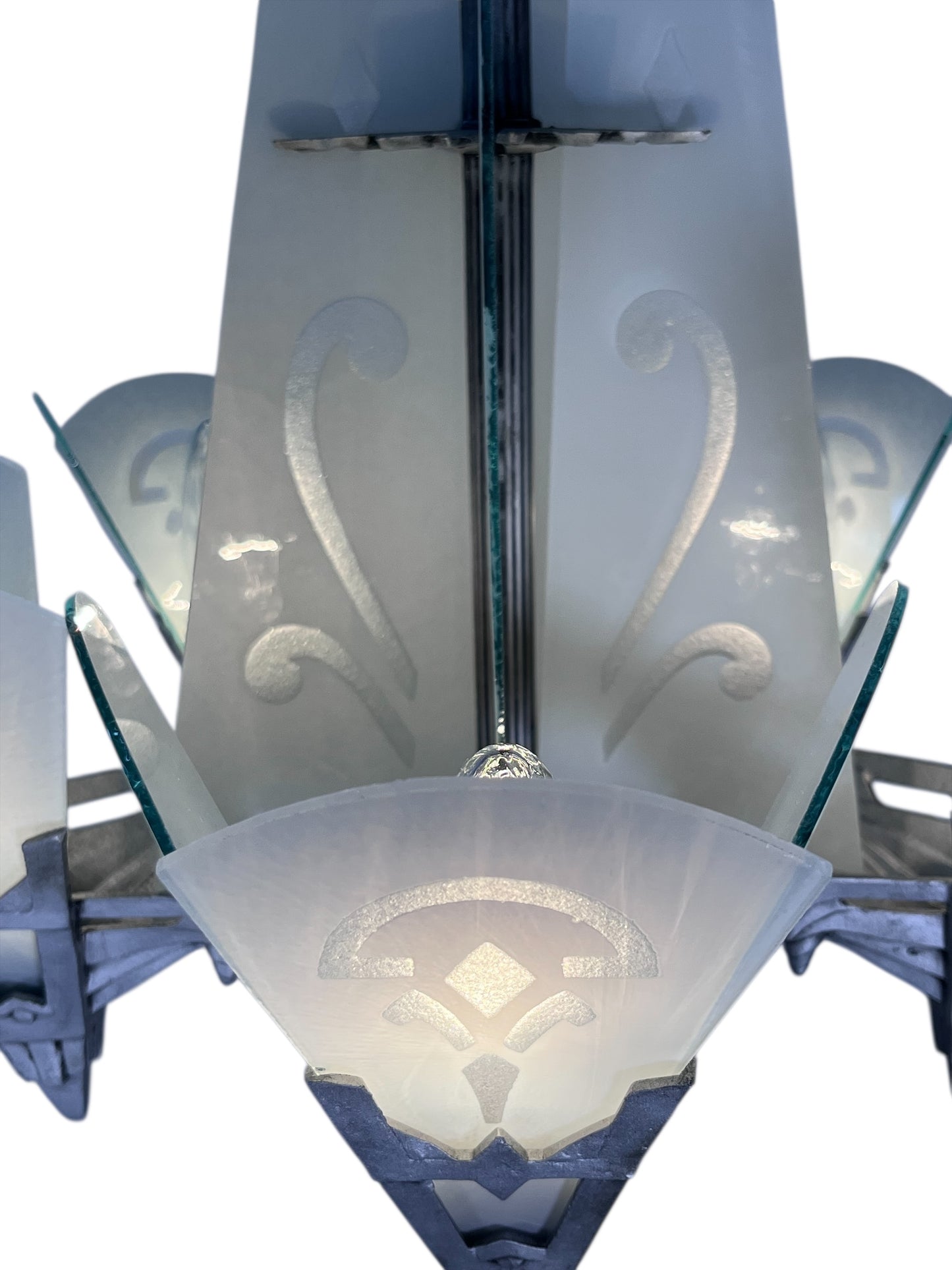 One of TWO Art Deco Chandelier with Flat Panels of Glass for Short Ceilings  #2579