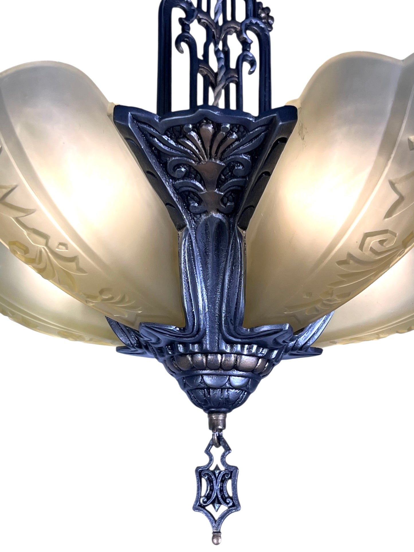 Dark Silver 5 Light Chandelier with Amber Glass Slip Shades #2582