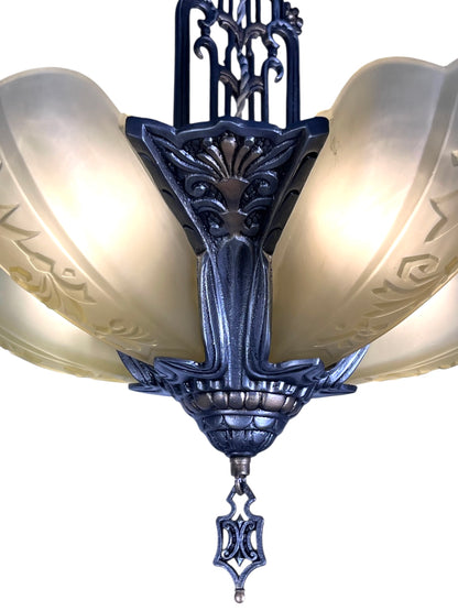 Dark Silver 5 Light Chandelier with Amber Glass Slip Shades #2582