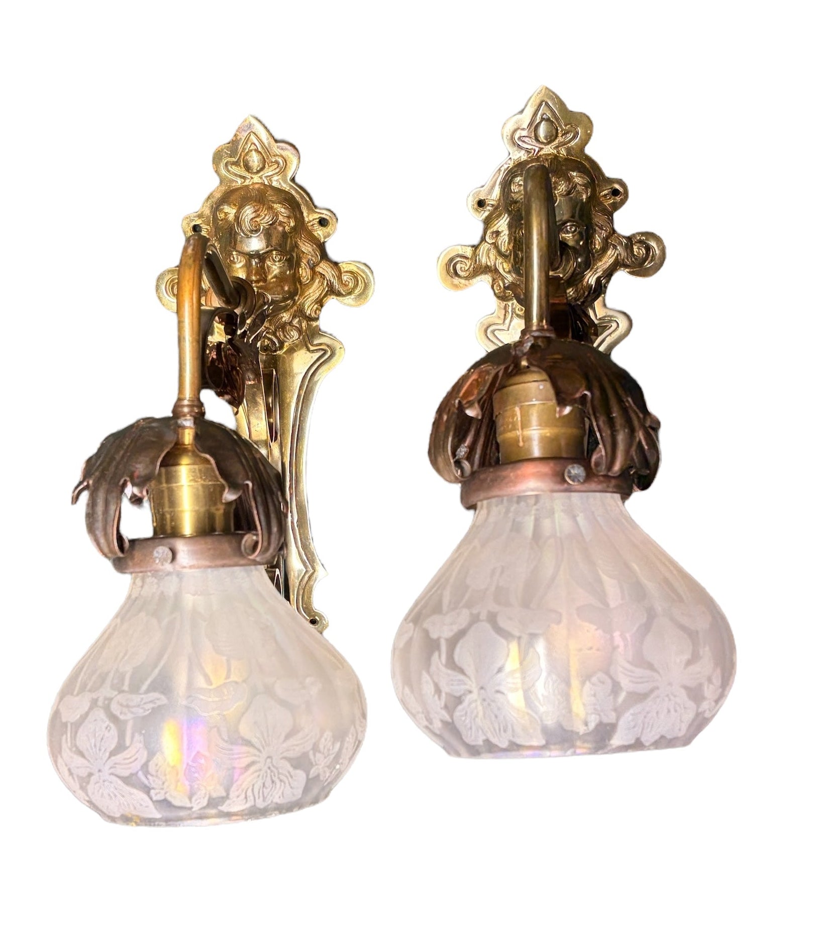 Art Nouveau Wall Sconces with Antique Etched Shades