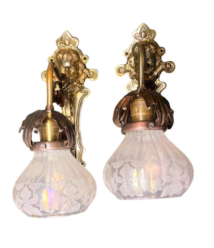 Art Nouveau Wall Sconces with Antique Etched Shades
