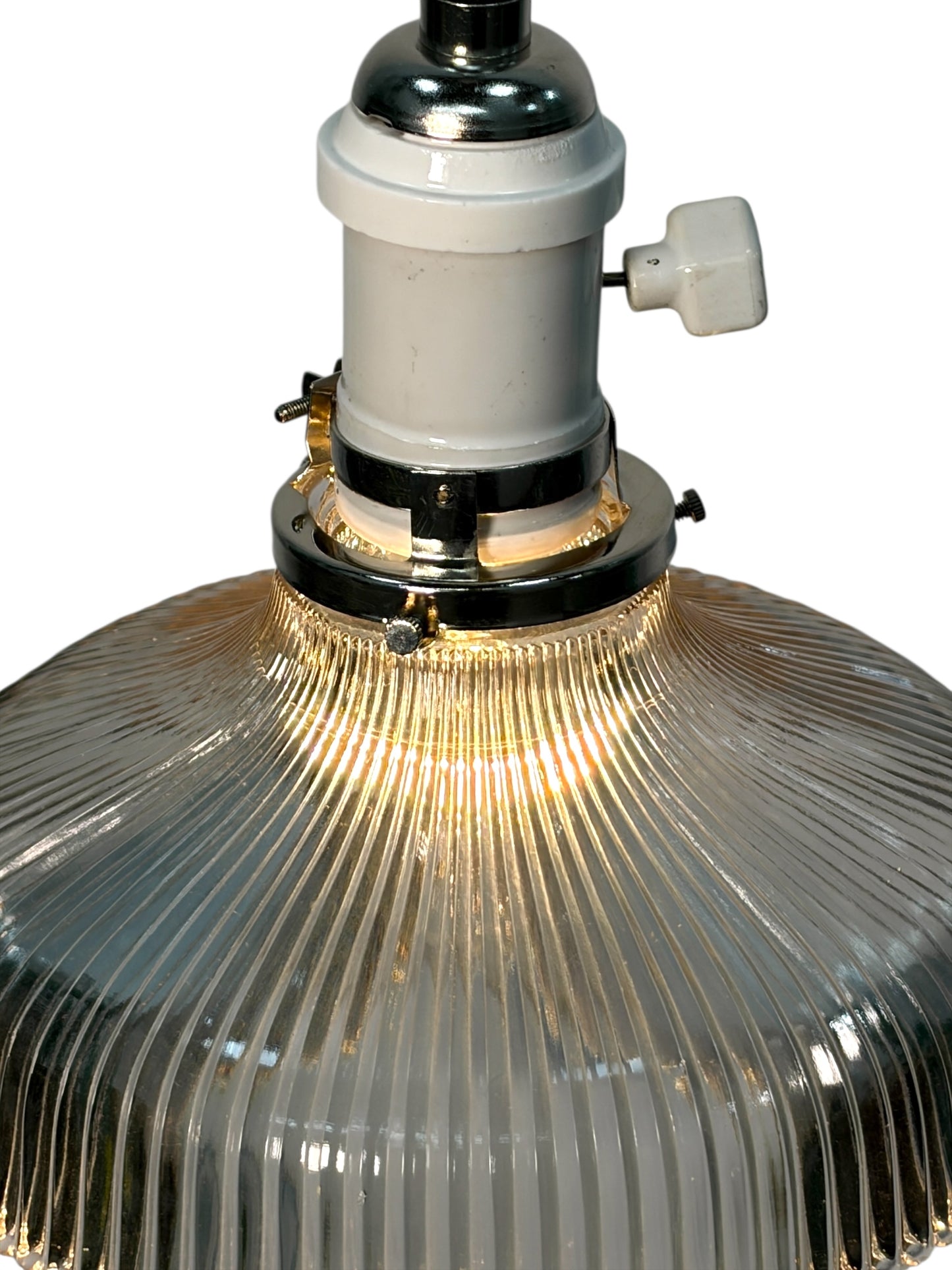 Holophane Shade circa 1920 Suspended from a Wire with Brushed Brass Canopy #2621