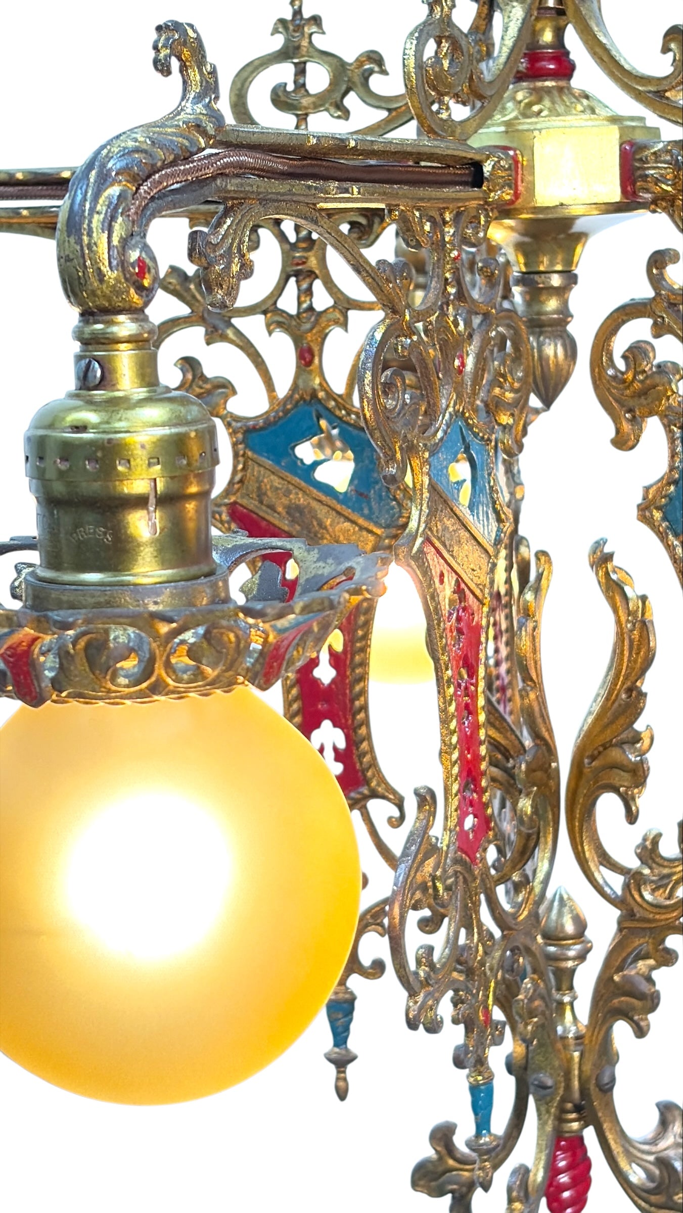 Cast Brass Semi Flush Ceiling Light with Red and Blue Embellishments Circa 1915 #2623