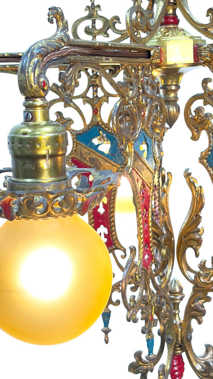 Cast Brass Semi Flush Ceiling Light with Red and Blue Embellishments Circa 1915 #2623