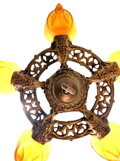 1930s Chandelier with Amber Glass Shades 