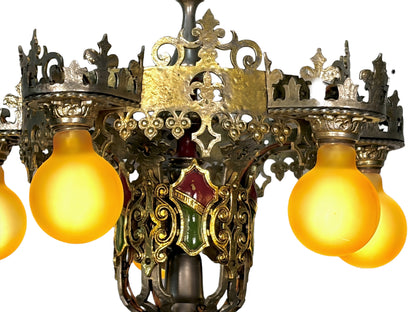 Spanish Revival Semi Flush Chandelier with Original Polychrome Finish from the 1920s #2642