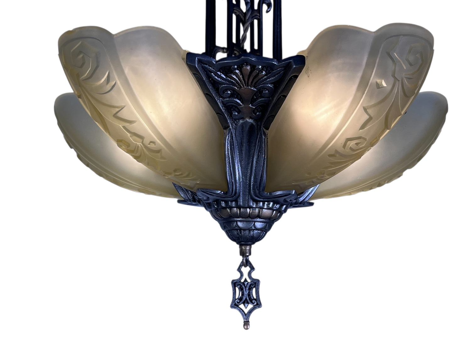 Dark Silver 5 Light Chandelier with Amber Glass Slip Shades #2582