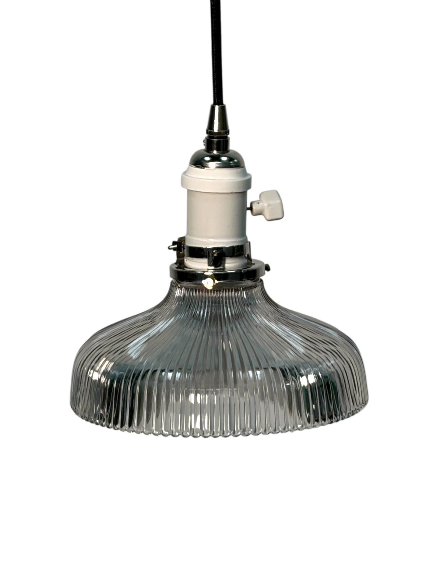 Holophane Shade circa 1920 Suspended from a Wire with Brushed Brass Canopy #2621