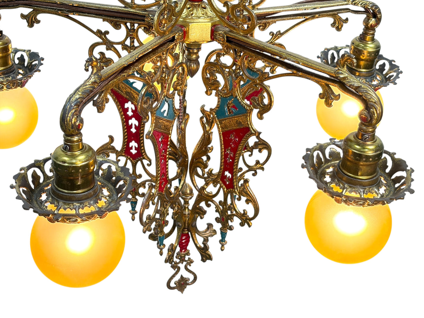 Cast Brass Semi Flush Ceiling Light with Red and Blue Embellishments Circa 1915 #2623