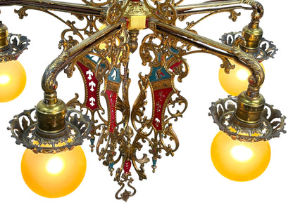 Cast Brass Semi Flush Ceiling Light with Red and Blue Embellishments Circa 1915 #2623