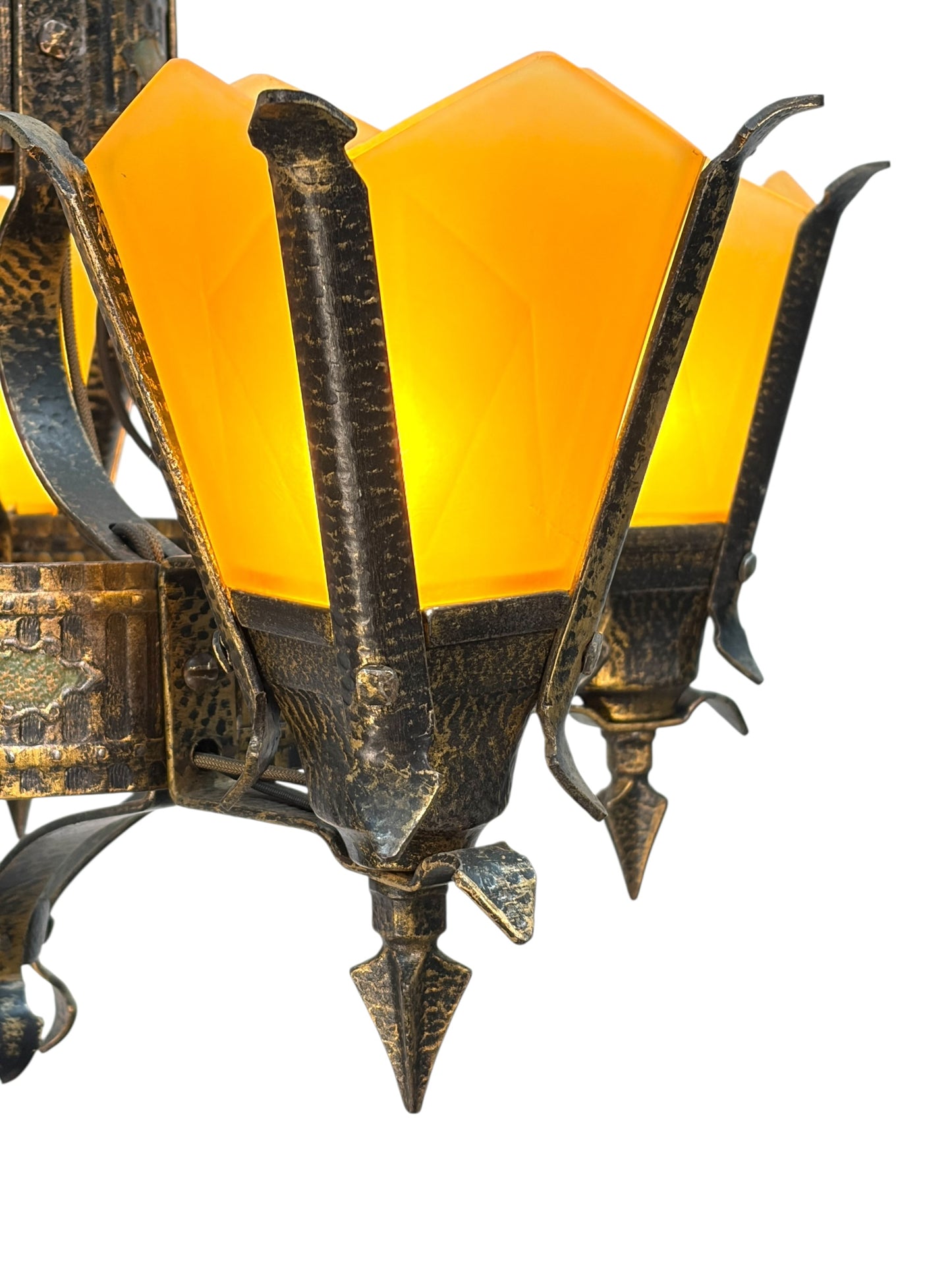Frankelite 5 light Chandelier from the 1930s with Amber Glass Shades and Original Finish #2572