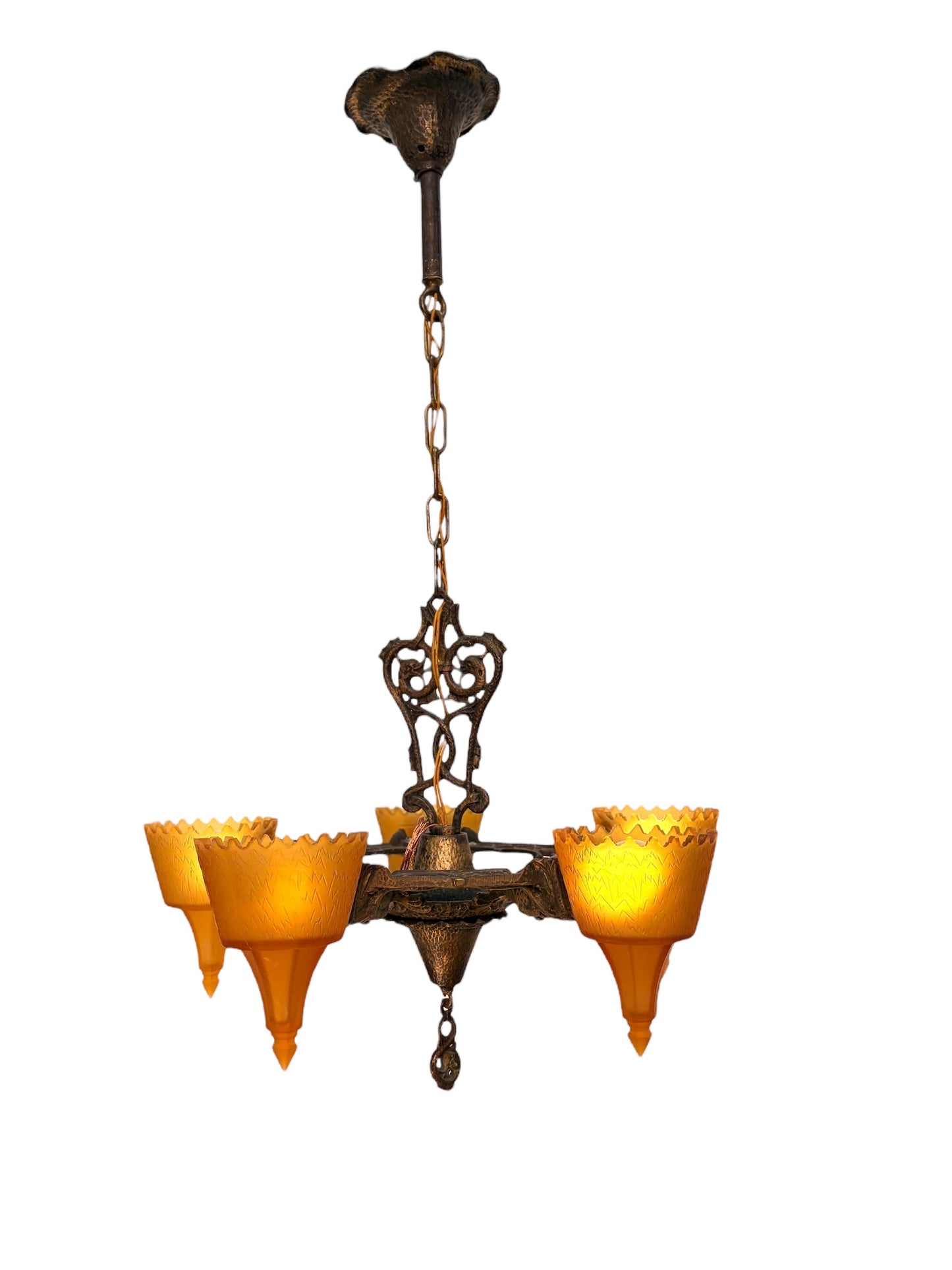 1930s 5 Light Spanish Revival with Amber Orange Glass Shades with Original Finish #2624