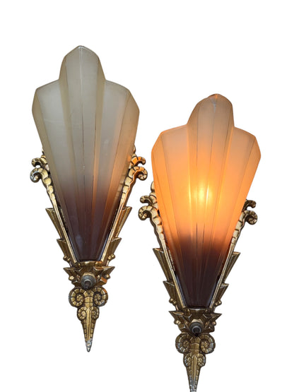Cast Aluminumn Art Deco Brown Tip MidWest "Soleure" Wall Sconces #2630