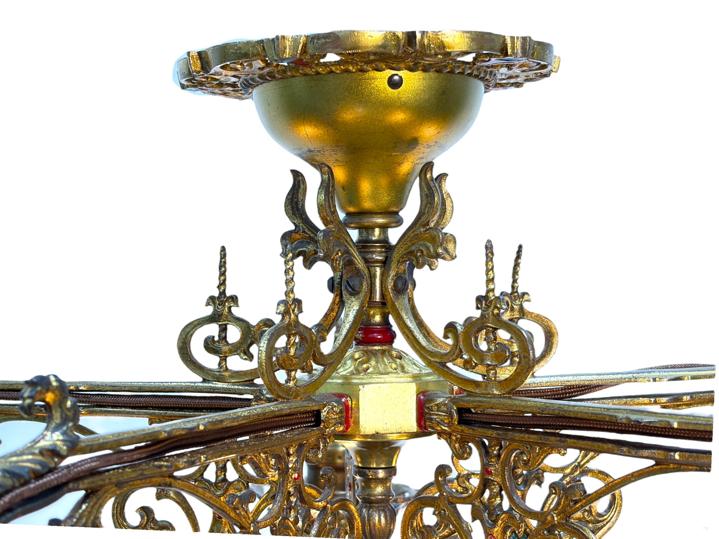 Cast Brass Semi Flush Ceiling Light with Red and Blue Embellishments Circa 1915 #2623