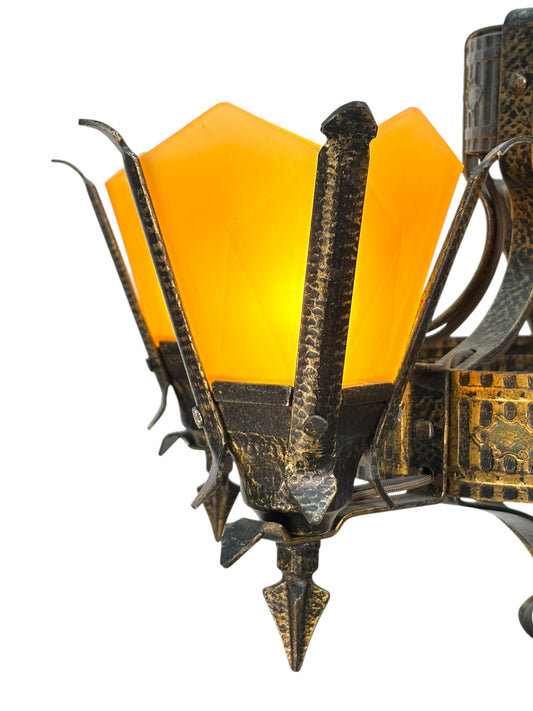 Frankelite 5 light Chandelier from the 1930s with Amber Glass Shades and Original Finish #2572