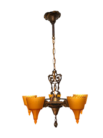 1930s 5 Light Spanish Revival with Amber Orange Glass Shades with Original Finish #2624