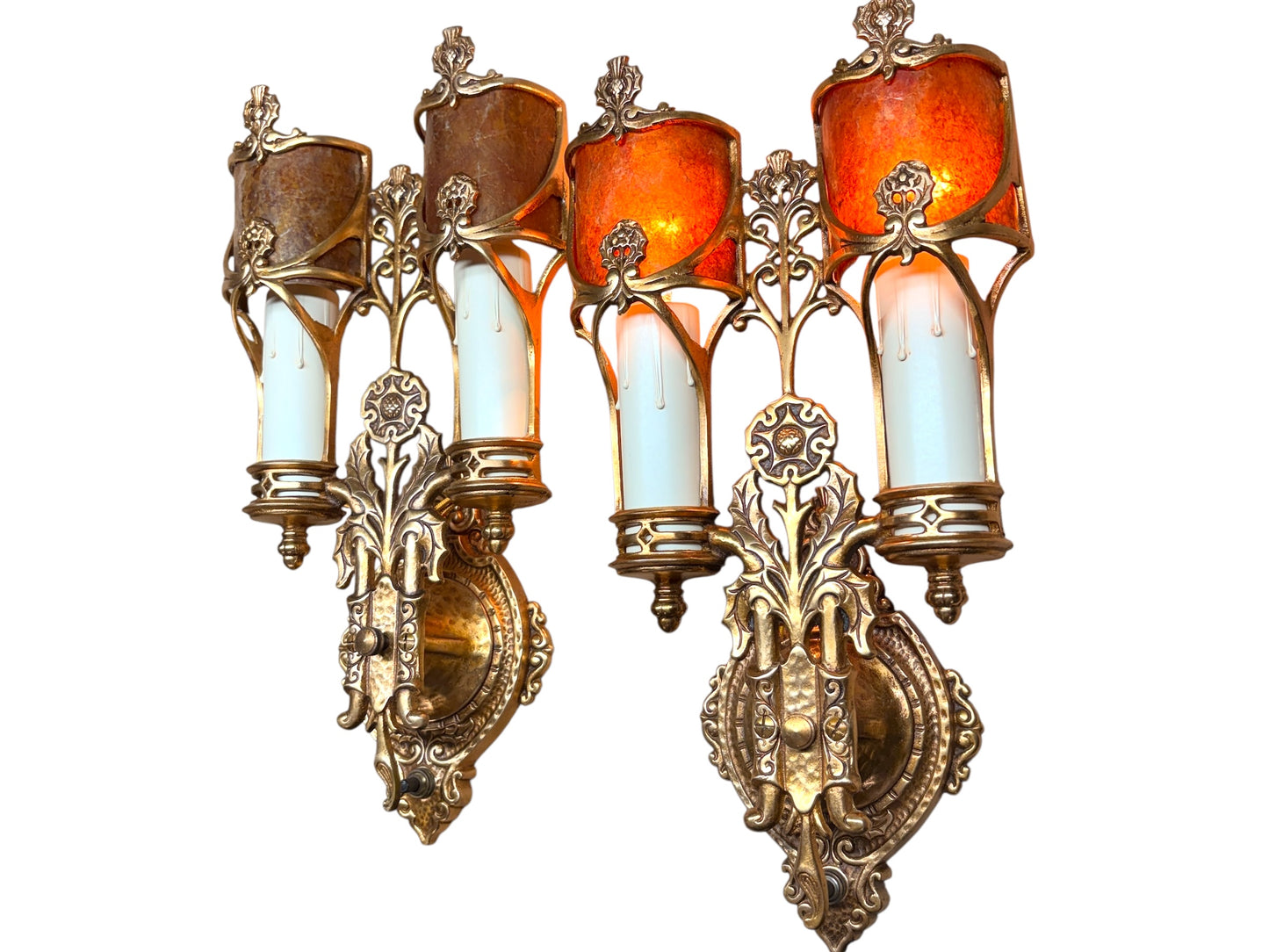 Four Double Cast Bronze Wall Sconces with  Mica Shields and Thistle Motif (priced per pair) #2633
