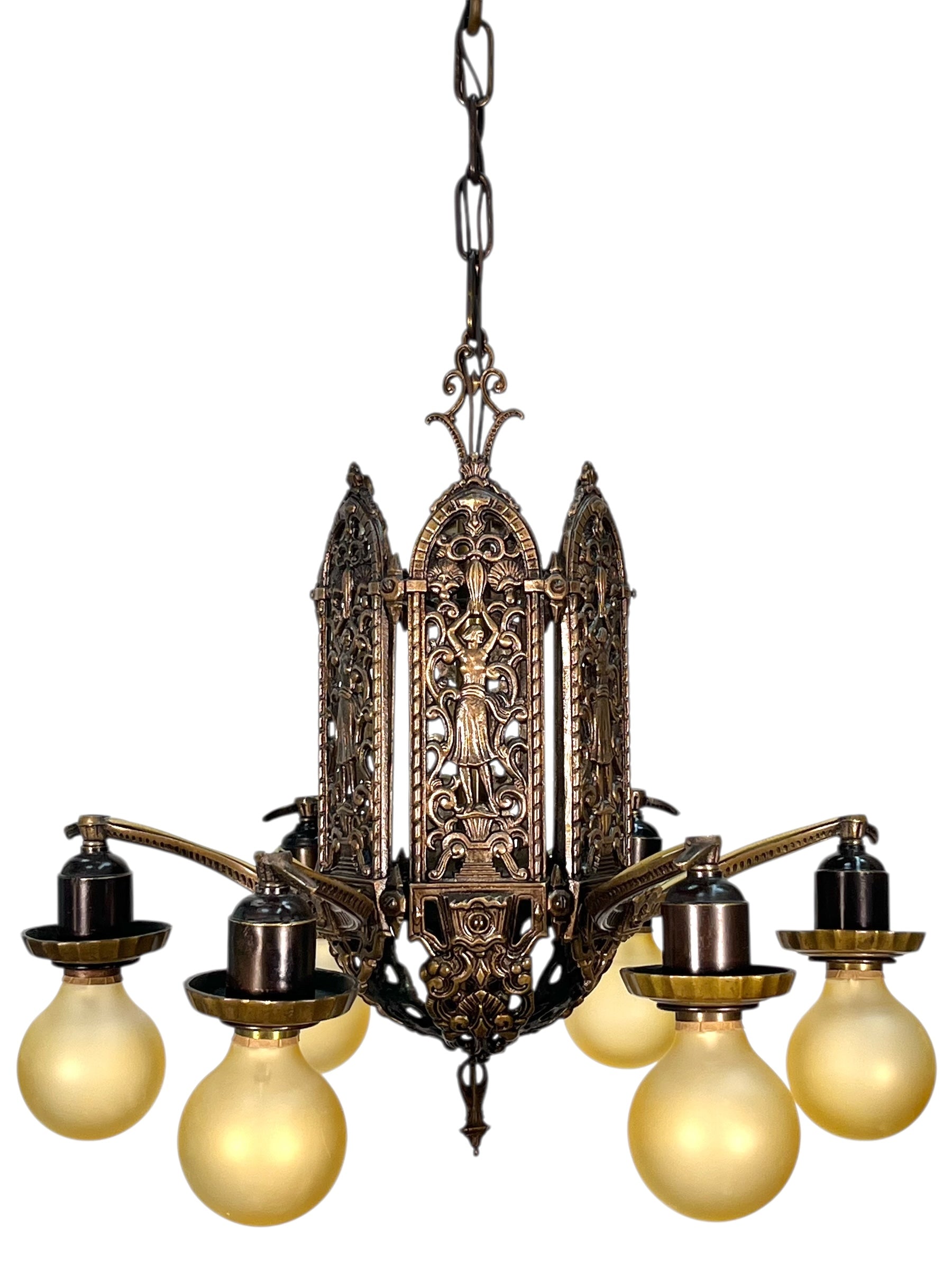 Cast Bronze 1920s Chandelier 6 Light