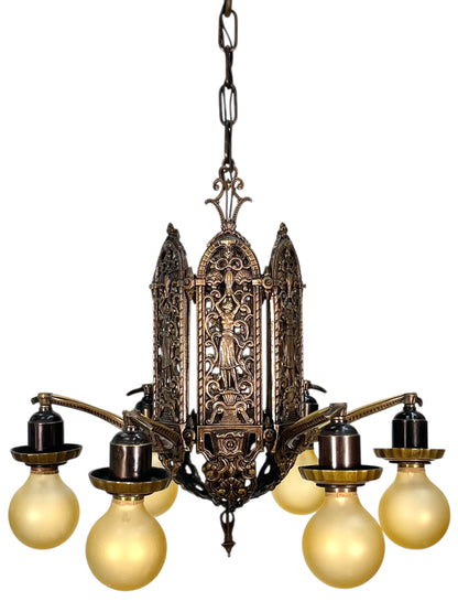 Cast Bronze 1920s Chandelier 6 Light