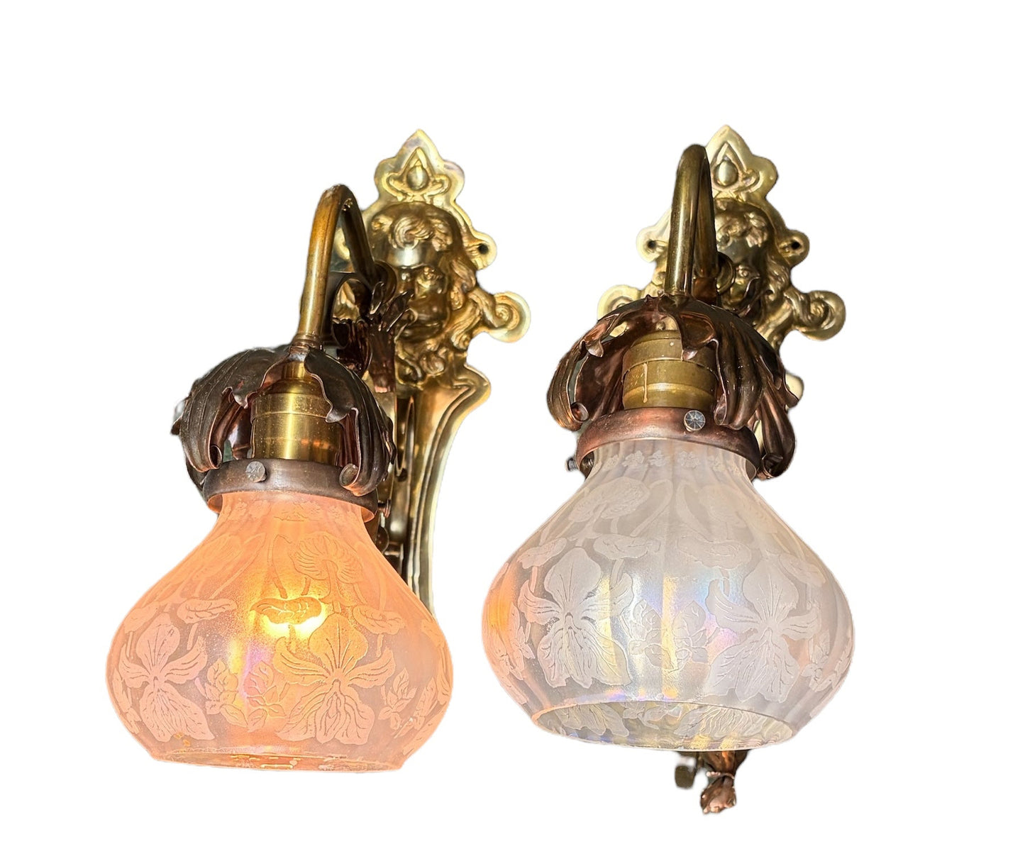 Art Nouveau Wall Sconces with Antique Etched Shades