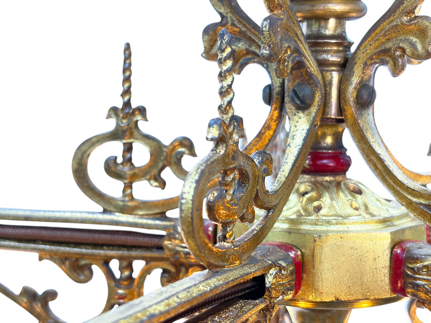 Cast Brass Semi Flush Ceiling Light with Red and Blue Embellishments Circa 1915 #2623