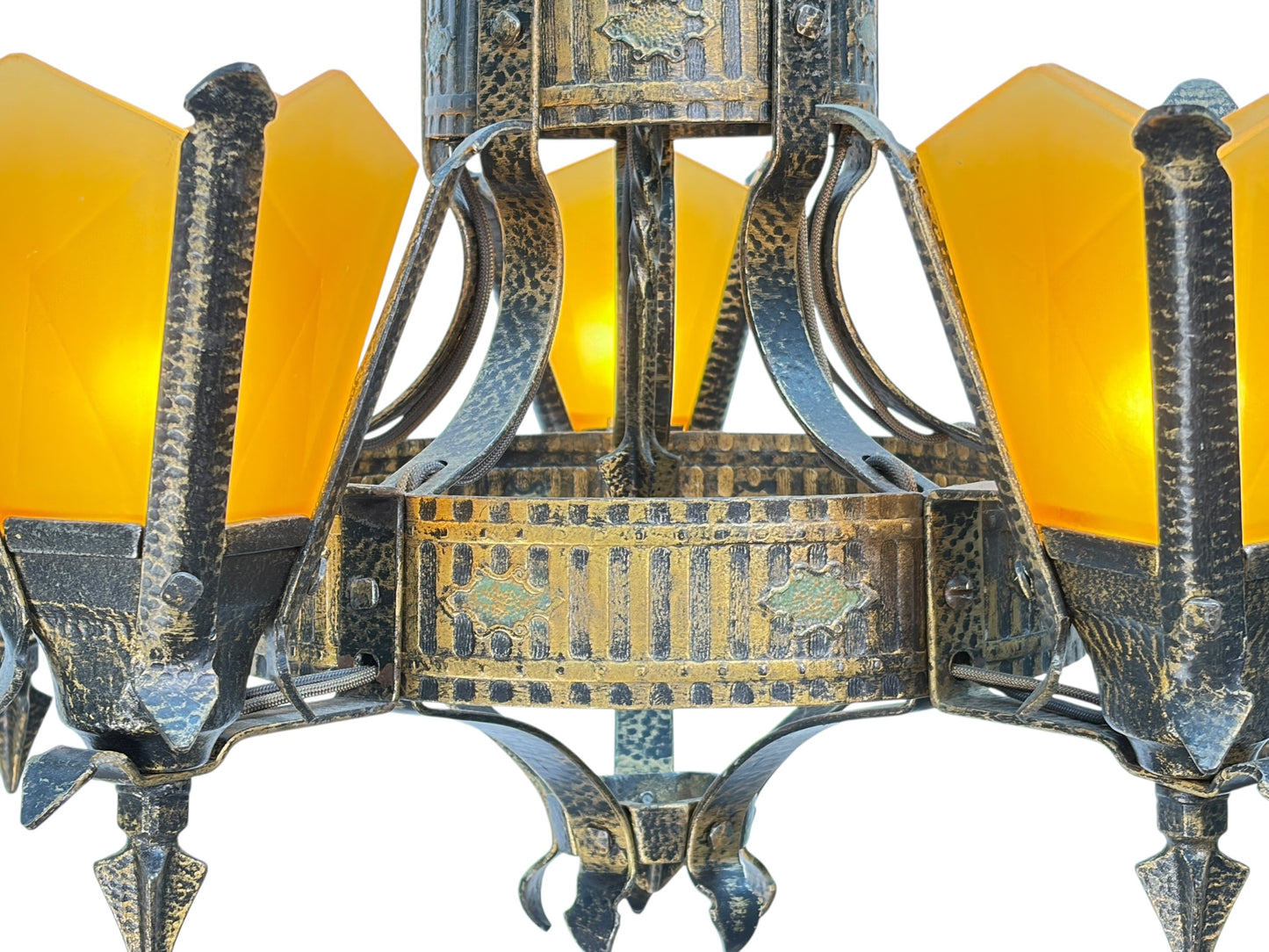 Frankelite 5 light Chandelier from the 1930s with Amber Glass Shades and Original Finish #2572