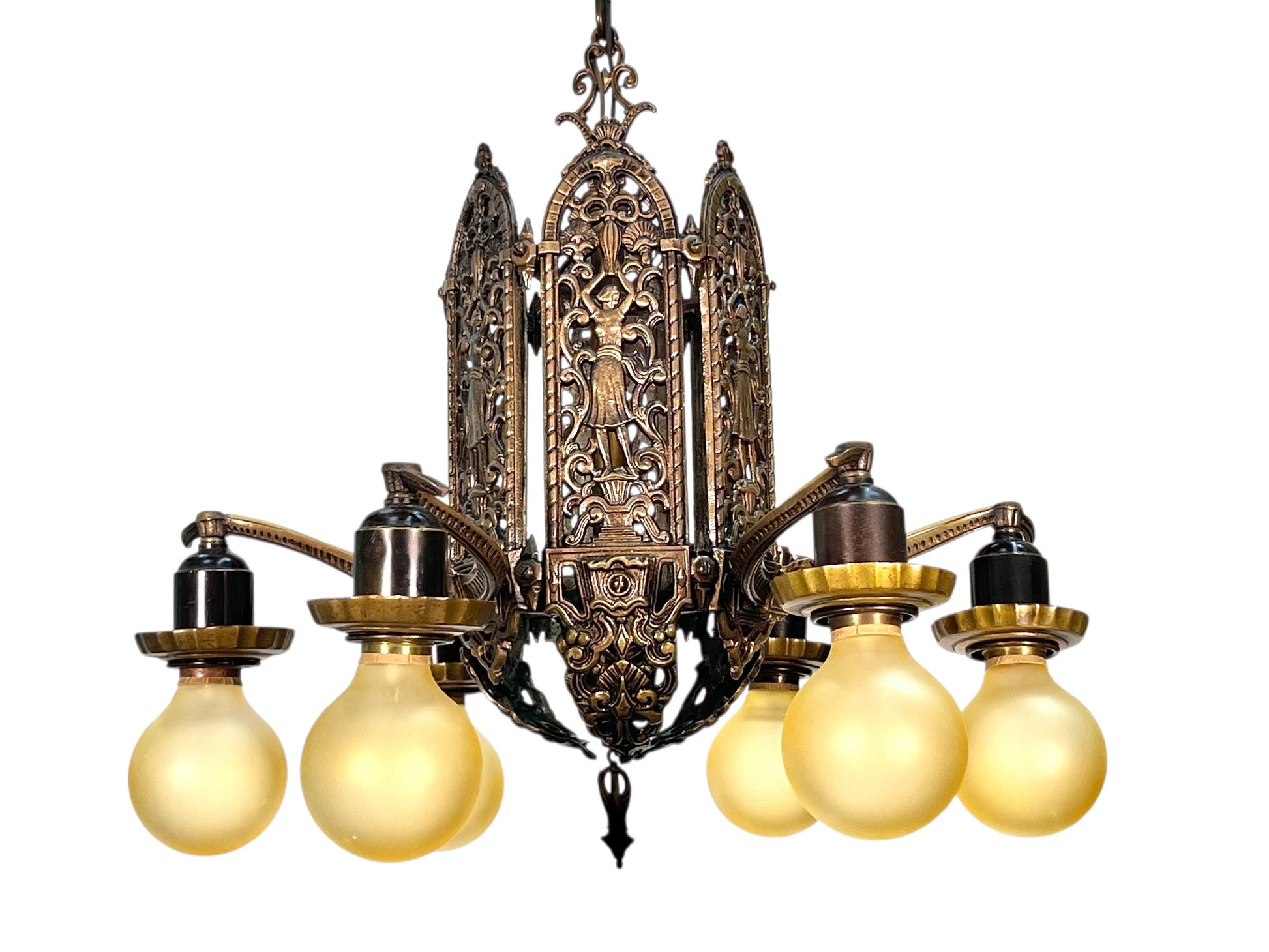 Cast Bronze 1920s Chandelier 6 Light