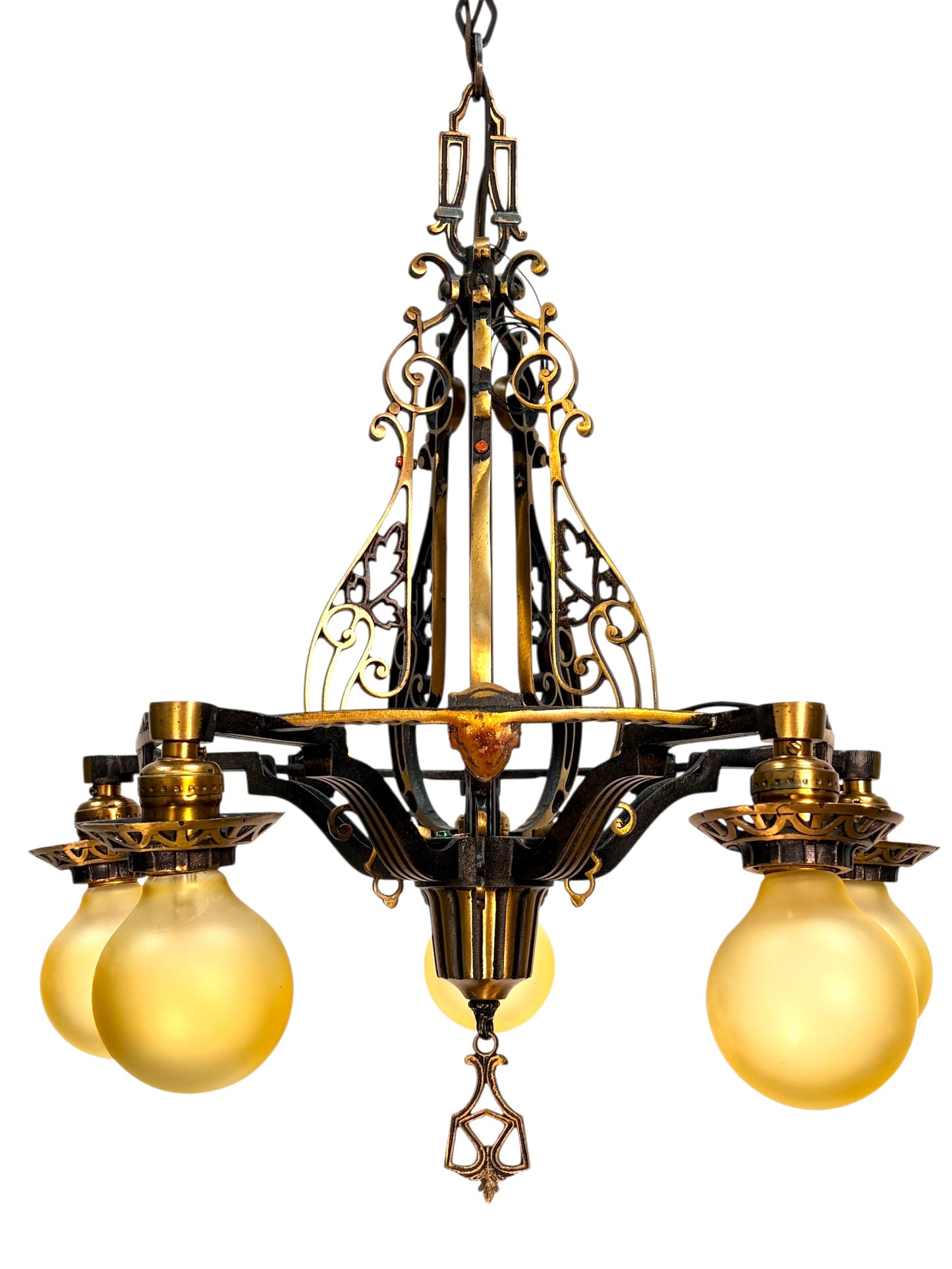 1920s Cast Bronze 5 Light Chandelier in Spectacular Original Condition #2622