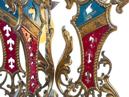 Cast Brass Semi Flush Ceiling Light with Red and Blue Embellishments Circa 1915 #2623