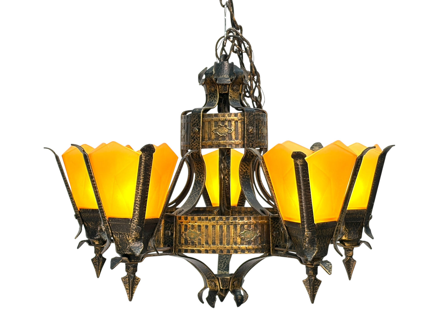 Frankelite 5 light Chandelier from the 1930s with Amber Glass Shades and Original Finish #2572