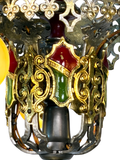 Spanish Revival Semi Flush Chandelier with Original Polychrome Finish from the 1920s #2642