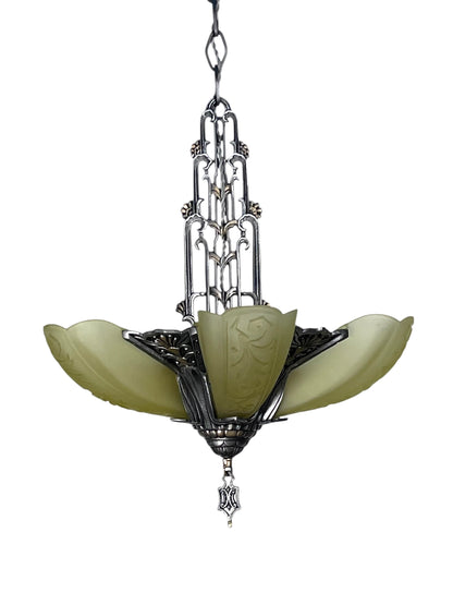 Dark Silver 5 Light Chandelier with Amber Glass Slip Shades #2582