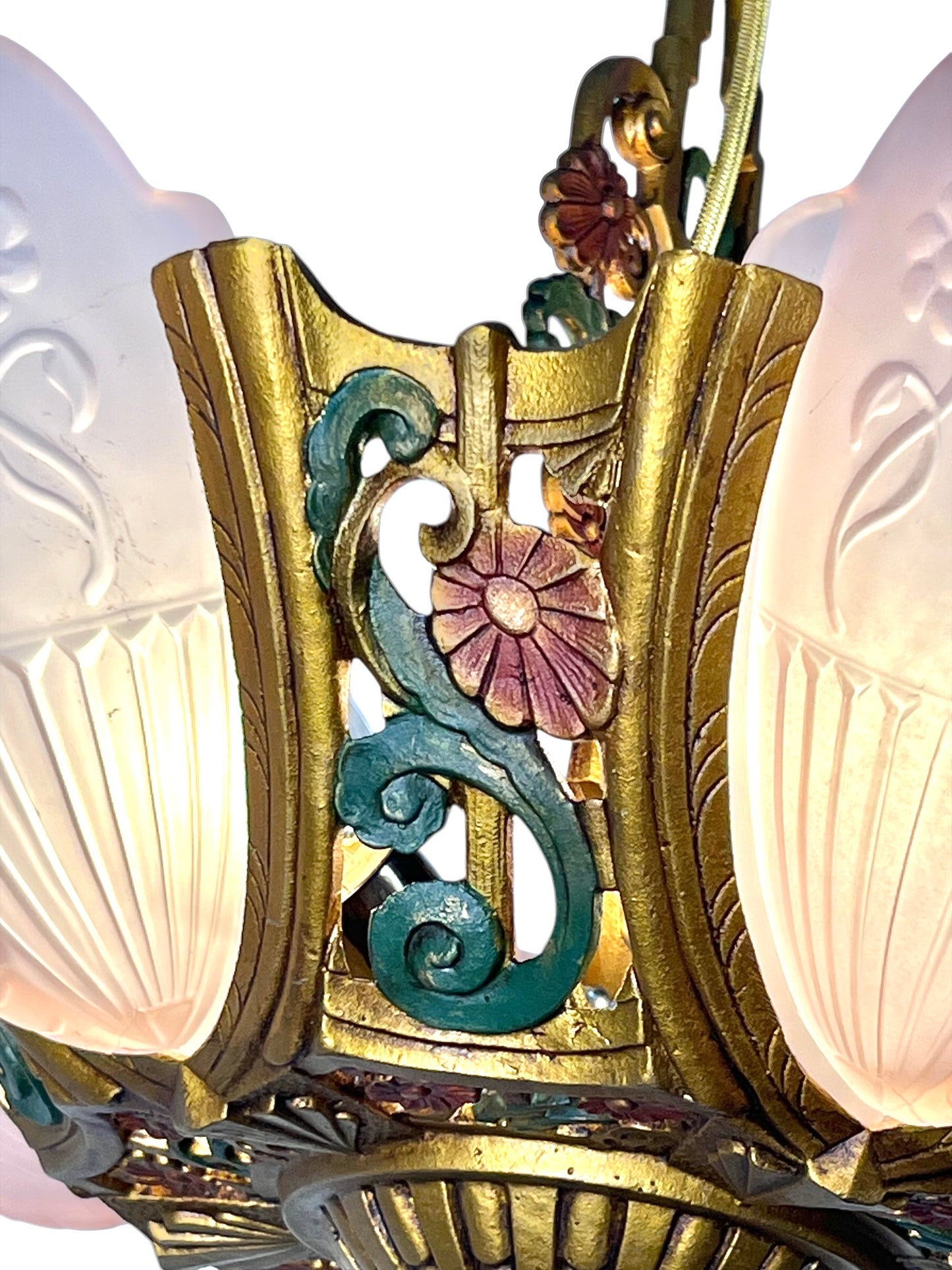 Art Deco Pink Slip Shade 5 Light Pendant Chandelier  Markel "La Salle" Line #2587