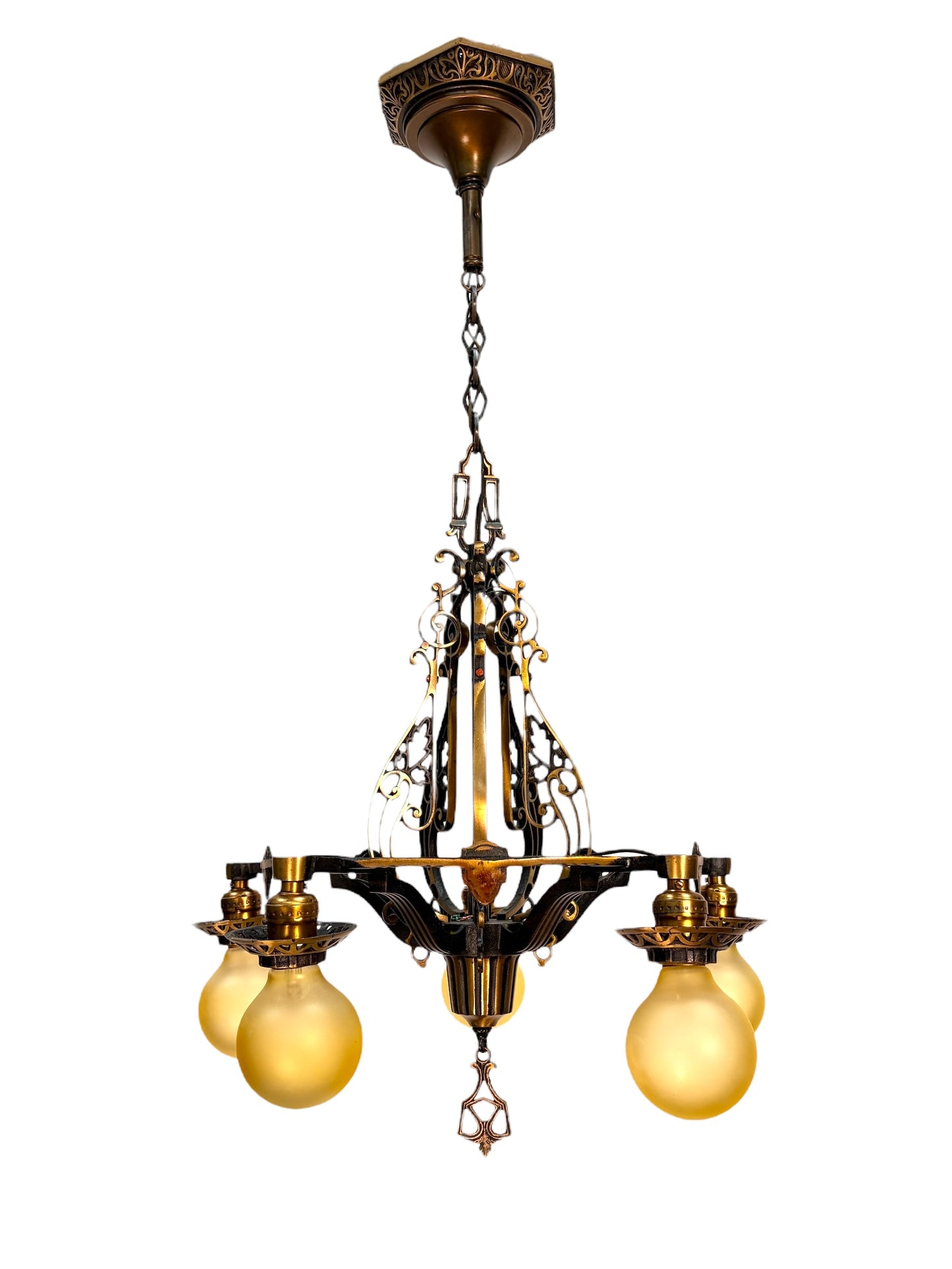 1920s Cast Bronze 5 Light Chandelier in Spectacular Original Condition #2622