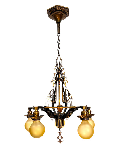 1920s Cast Bronze 5 Light Chandelier in Spectacular Original Condition #2622