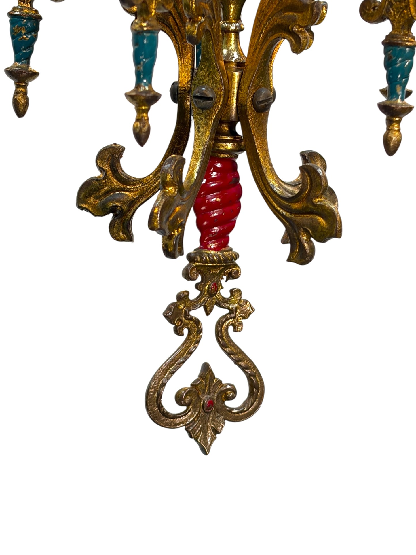 Cast Brass Semi Flush Ceiling Light with Red and Blue Embellishments Circa 1915 #2623