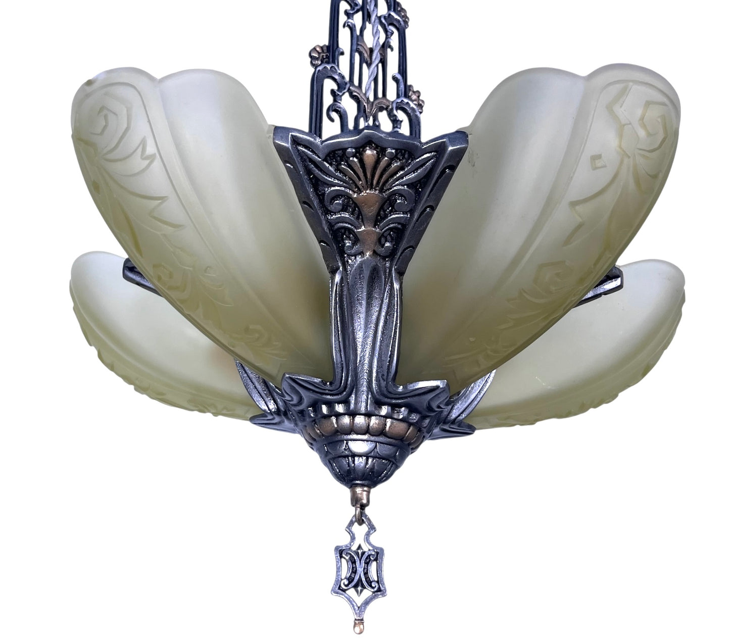 Dark Silver 5 Light Chandelier with Amber Glass Slip Shades #2582