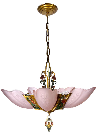 Art Deco Pink Slip Shade 5 Light Pendant Chandelier  Markel "La Salle" Line #2587