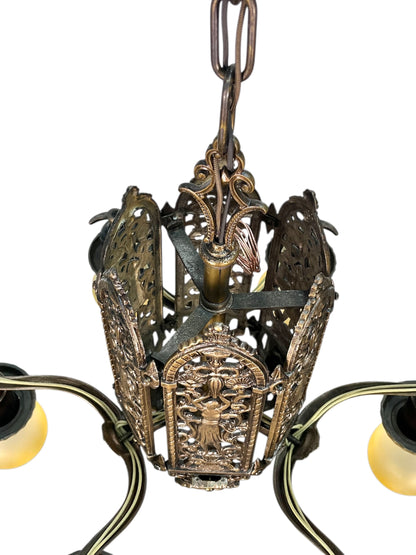 Cast Bronze 1920s Chandelier 6 Light