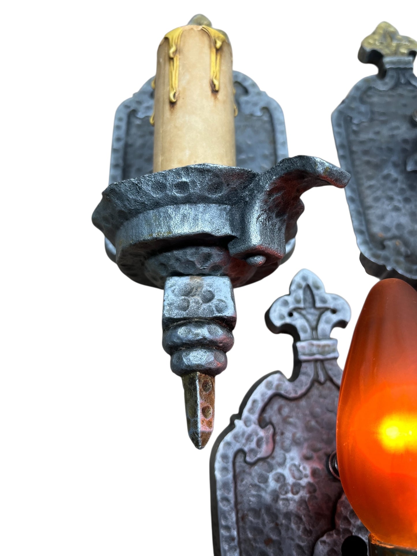 Bare bulb 4 + 1 Hammered Wall Sconces Storybook or Spanish Revival Mission Style #2598