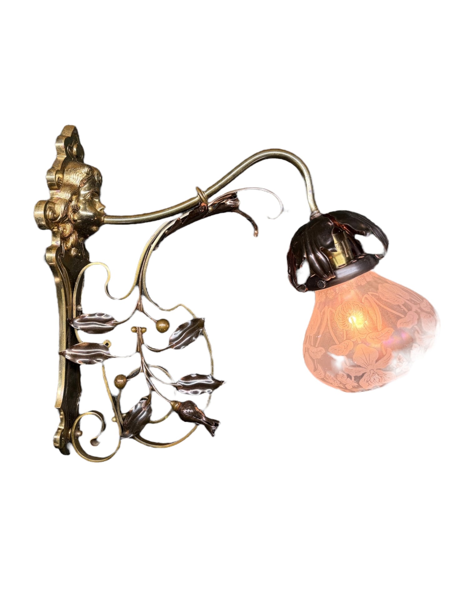 Pair Art Nouveau Brass and Copper Sconces circa 1900 with Floral Irridescent Shades #2618