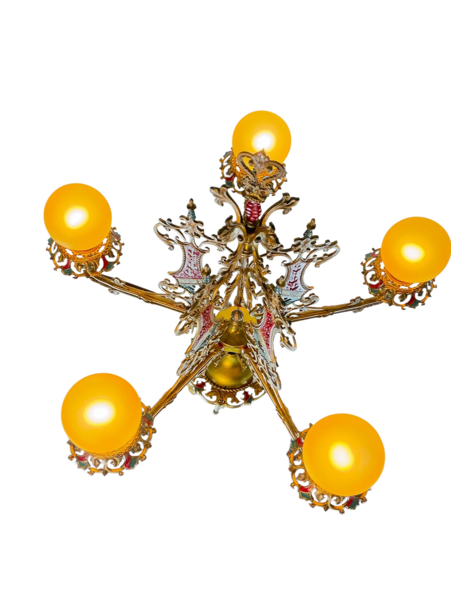 Cast Brass Semi Flush Ceiling Light with Red and Blue Embellishments Circa 1915 #2623