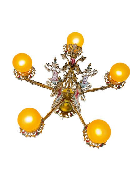 Cast Brass Semi Flush Ceiling Light with Red and Blue Embellishments Circa 1915 #2623