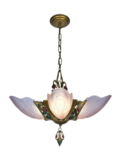 Art Deco Pink Slip Shade 5 Light Pendant Chandelier  Markel "La Salle" Line #2587