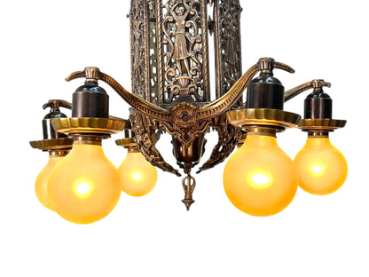 Cast Bronze 1920s Chandelier 6 Light
