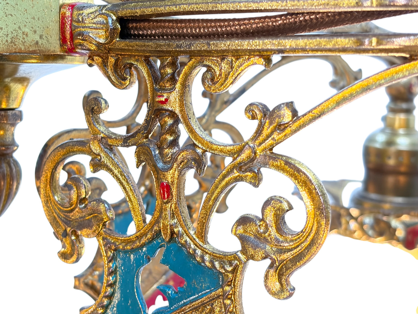 Cast Brass Semi Flush Ceiling Light with Red and Blue Embellishments Circa 1915 #2623
