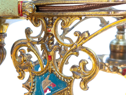 Cast Brass Semi Flush Ceiling Light with Red and Blue Embellishments Circa 1915 #2623