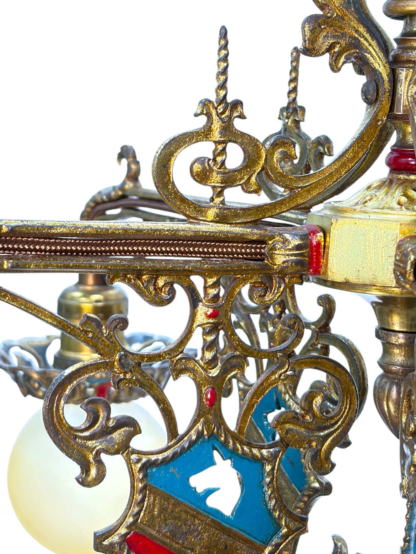 Cast Brass Semi Flush Ceiling Light with Red and Blue Embellishments Circa 1915 #2623